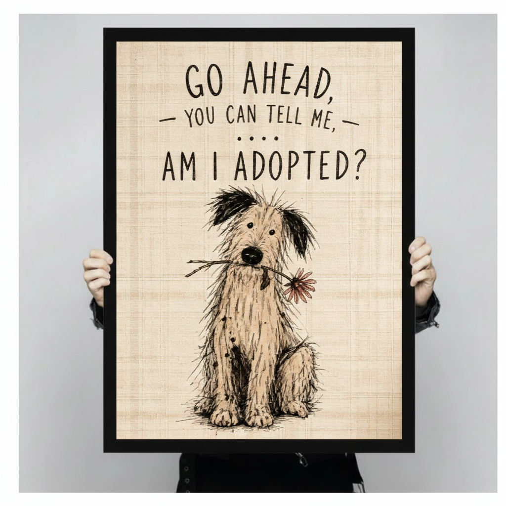 Person holding a large black framed funny adopted dog canvas art print showing a scruffy shaggy dog with messy black and white fur clutching a daisy in its mouth beneath the go ahead you can tell me am I adopted quote in bold hand-drawn lettering on a warm distressed beige background against a light gray studio backdrop