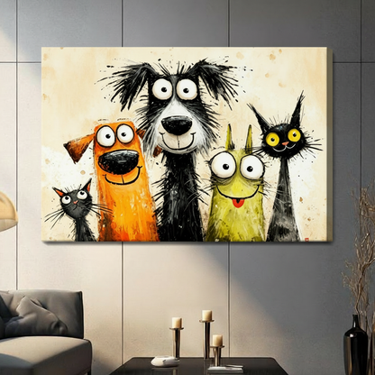 Expressive cartoon illustration of five quirky animals huddled in a cheerful group selfie pose featuring a tiny black cat grinning orange dog shaggy black-and-white dog googly-eyed green cat and yellow-eyed black cat painted in bold ink strokes on a warm watercolor cream background funny animal wall art stretched canvas in a living room with light gray tiled wall dark sofa candle holders and black vase