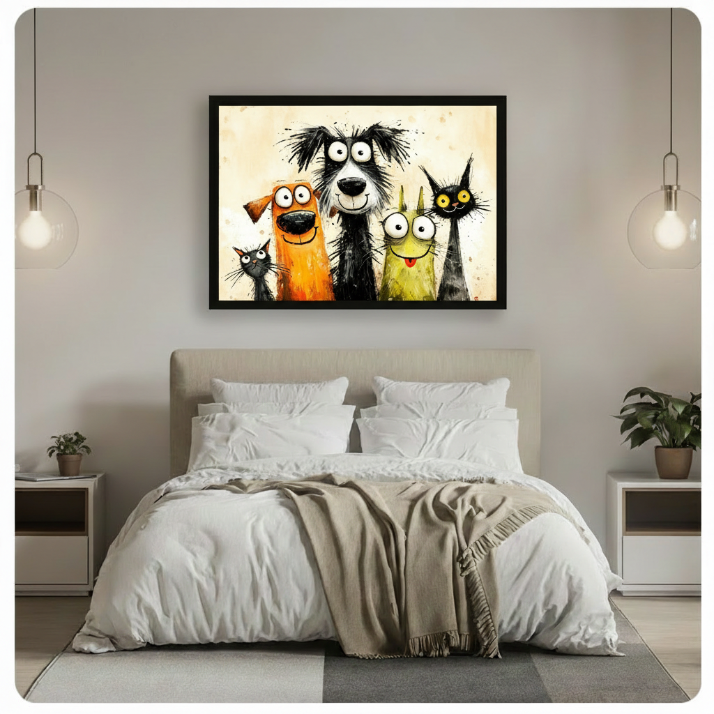 Humorous expressive ink painting of five goofy animals squishing together in a fun group portrait a tiny black cat orange grinning dog shaggy black-and-white dog wide-eyed green cat and yellow-eyed black cat on a warm cream watercolor background funny animal wall art framed print above a bedroom with white linen bedding beige upholstered headboard pendant lights and white nightstands