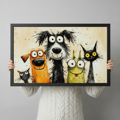 Playful whimsical illustration of five comical animals posing together including a small black cat an enthusiastic orange dog a tall wild-haired black-and-white dog a tongue-out yellow-green cat and a smirking black cat with bright yellow eyes on a splattered cream watercolor background funny pet gang wall art framed print held against a light gray background