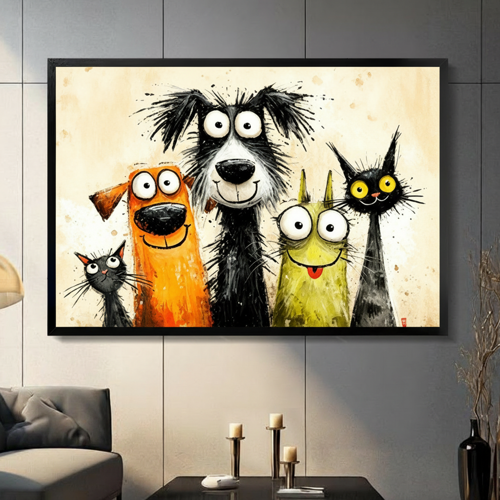 Whimsical ink and watercolor illustration of five goofy animals crowding together for a group portrait including a small black cat an orange dog a tall scruffy black-and-white dog a yellow-green wide-eyed cat and a black pointy-eared cat with yellow eyes on a cream background funny pet wall art framed print in a living room with light gray tiled wall dark sofa candle holders and black vase