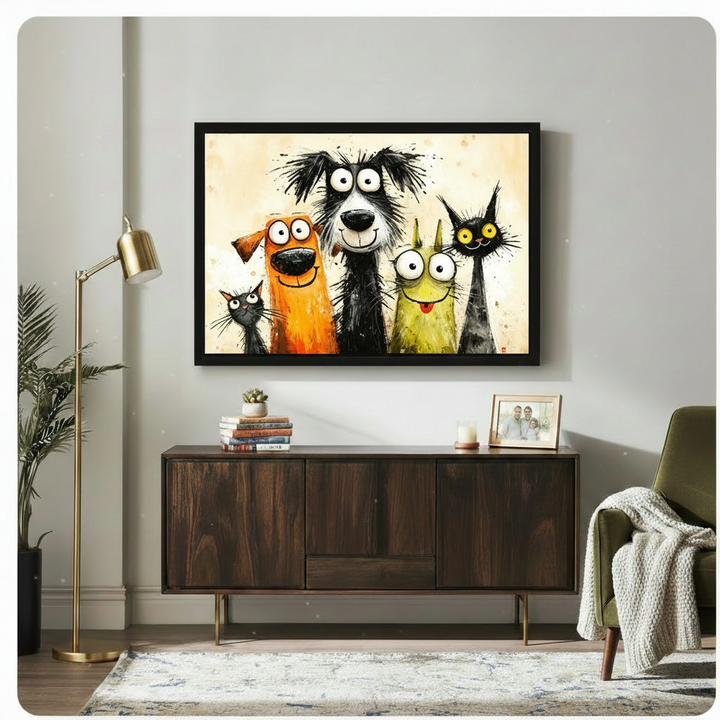 Whimsical cartoon watercolor painting of five silly animals posing in a chaotic group selfie including a little black cat a big orange dog a tall scruffy black dog a green cat with huge eyes and a black cat with yellow eyes on a warm cream ink-splattered background funny pet portrait wall art framed print above a living room sideboard with dark walnut cabinet gold floor lamp green armchair and indoor plant
