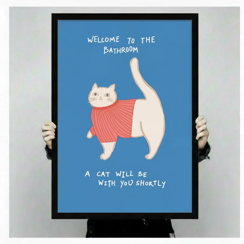 Person holding large framed funny whimsical illustration round white cat in coral pink knit turtleneck sweater tail pointing upward with playful handwritten typography Welcome To The Bathroom A Cat Will Be With You Shortly on cornflower blue background canvas print with both hands against light grey background - close up size reference of humorous bathroom cat sweater welcome wall art with black frame finish