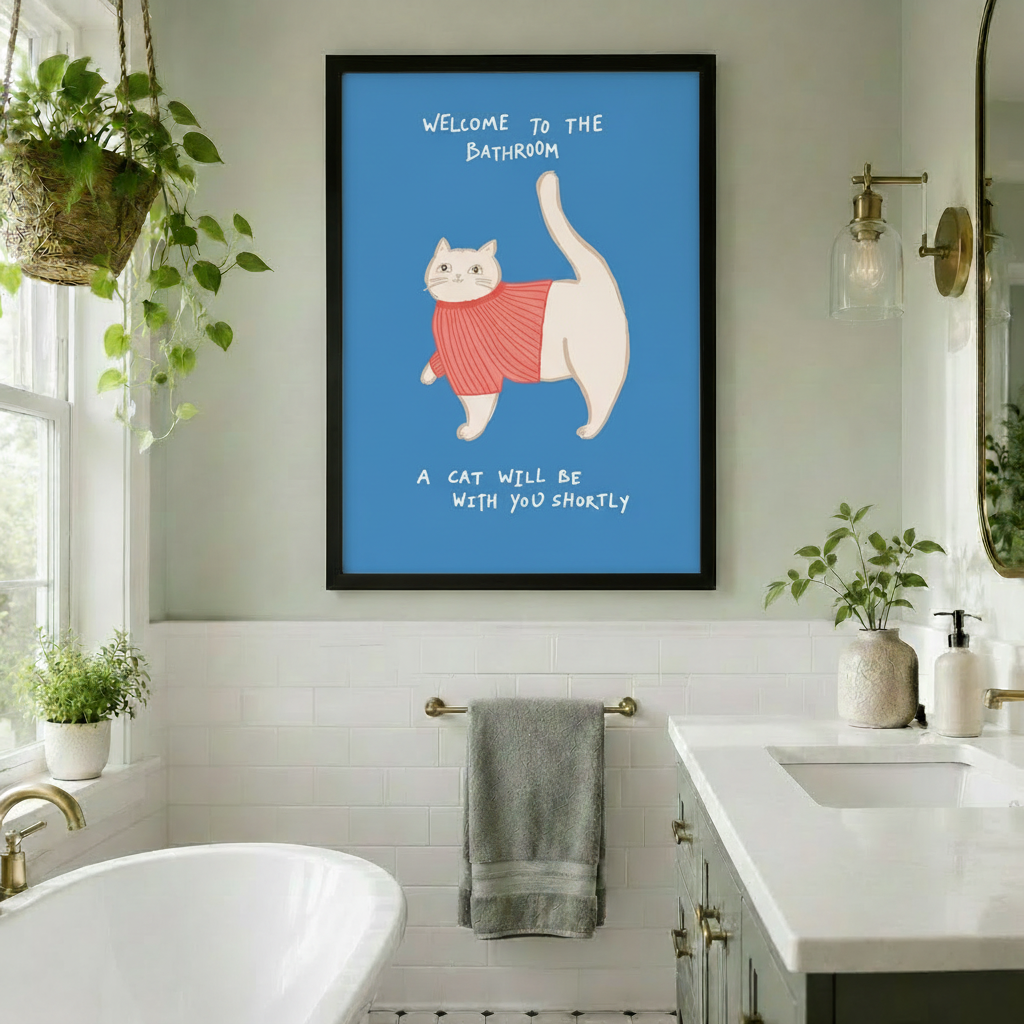 Framed funny whimsical illustration round white cat in coral pink knit turtleneck sweater tail pointing upward with playful handwritten typography Welcome To The Bathroom A Cat Will Be With You Shortly on cornflower blue background canvas print on white subway tile wall above towel bar between freestanding bathtub and double vanity with brass fixtures ceramic accessories and hanging potted plants - witty bathroom cat sweater welcome wall art for botanical bathroom decor