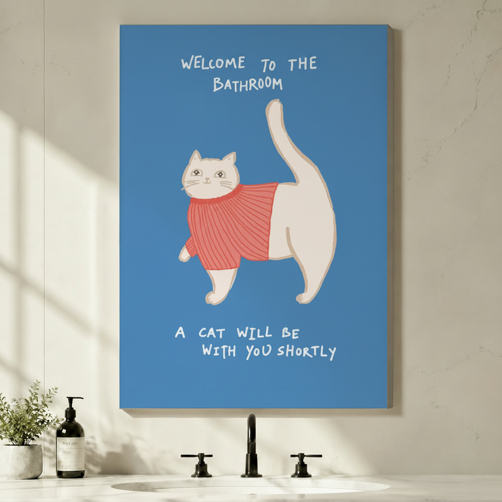 Unframed funny whimsical illustration round white cat in coral pink knit turtleneck sweater tail pointing upward with playful handwritten typography Welcome To The Bathroom A Cat Will Be With You Shortly on cornflower blue background canvas print on light grey wall above black faucet bathroom vanity with pump soap bottle and potted plant - witty bathroom cat sweater welcome wall art for modern powder room decor