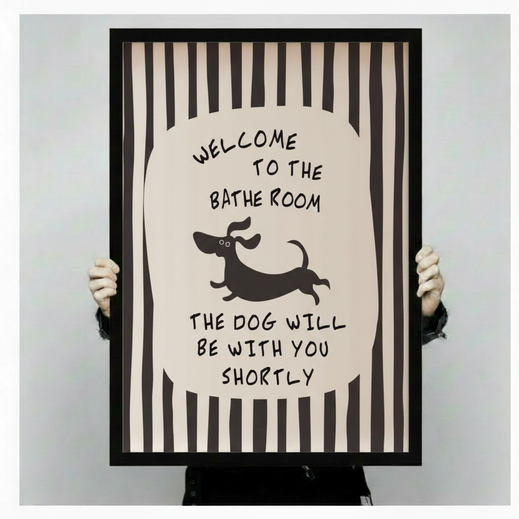 Person holding a large vertical black framed funny bathroom dachshund stripe canvas art print showing bold black and white vertical stripes with a central oval featuring hand-lettered welcome to the bathroom above a jumping cartoon dachshund silhouette and the humorous quote the dog will be with you shortly against a light gray background
