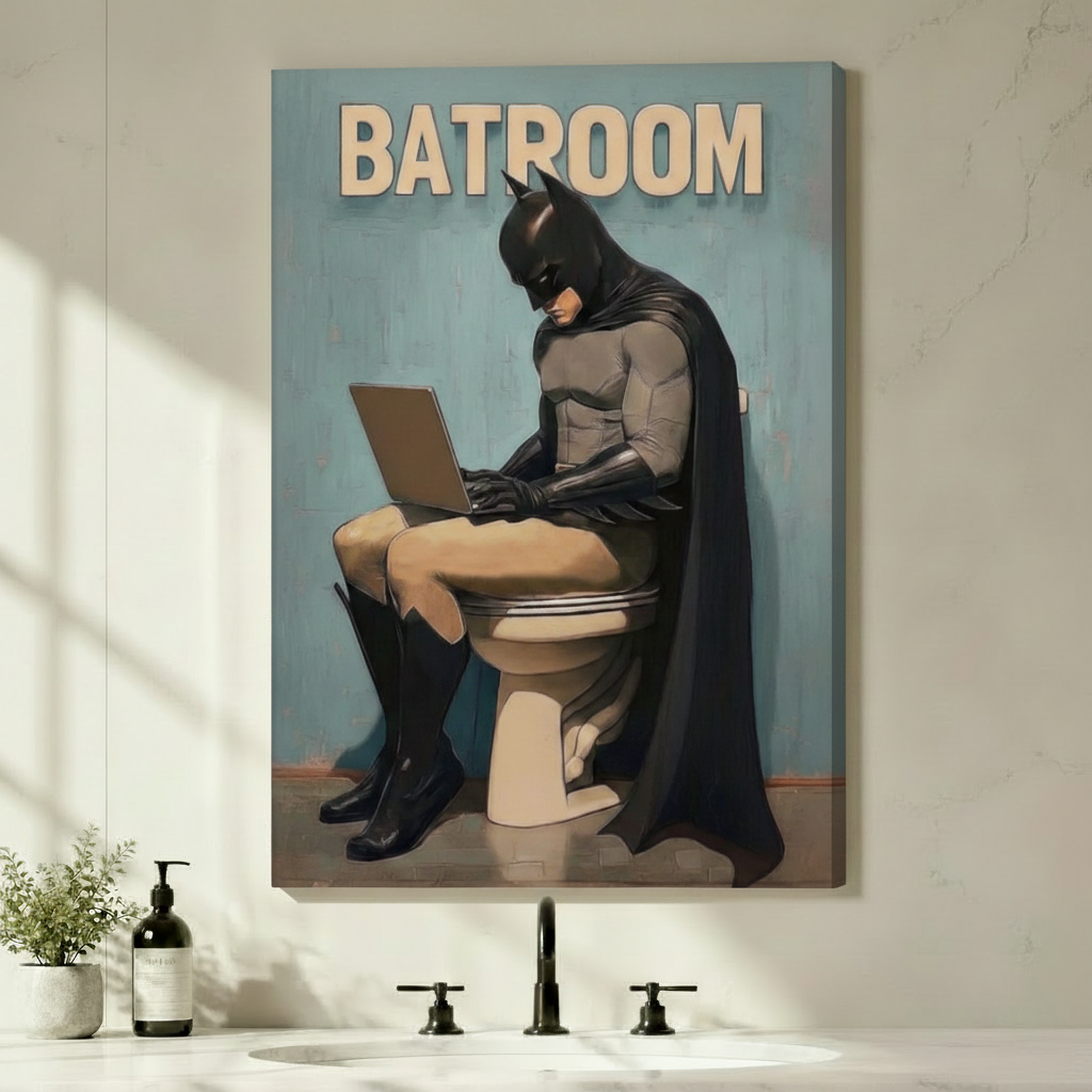 Humorous Batman on toilet using laptop Batroom canvas wrap wall art hung on a light gray bathroom wall above a black faucet sink with soap dispenser and green plant