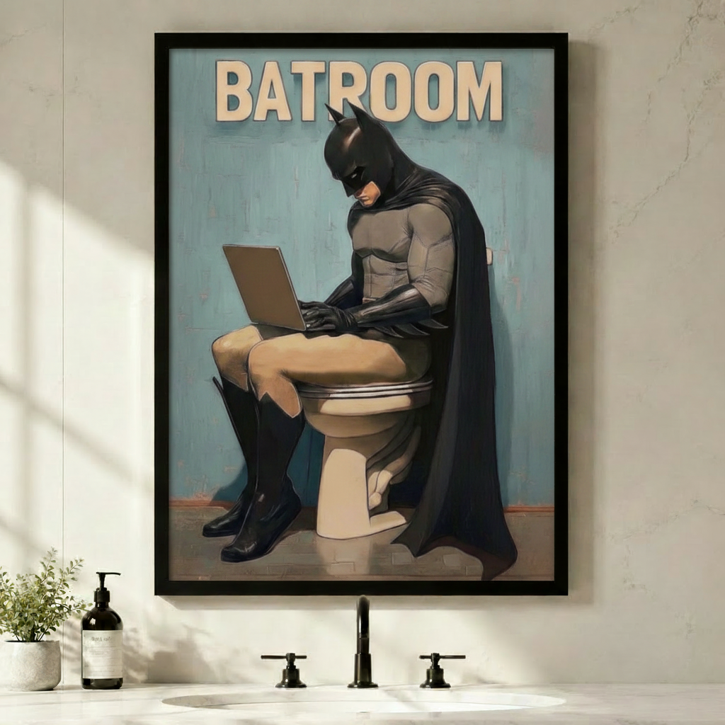 Funny Batman sitting on toilet with laptop Batroom framed canvas art on a light gray wall above a bathroom sink with black faucet, soap dispenser, and white potted plant