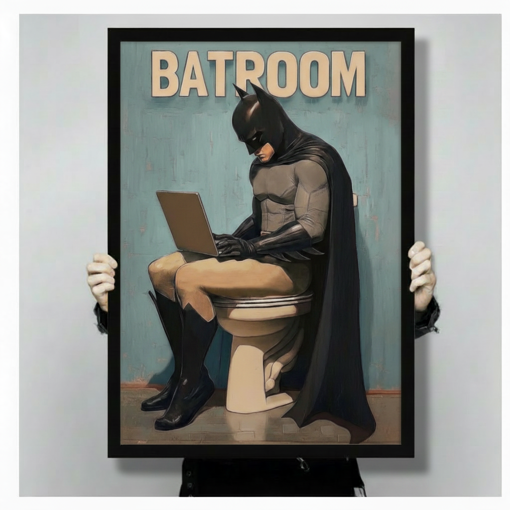 Batman in full costume sitting on toilet with open laptop Batroom framed canvas print held up against a light gray background showing full comic illustration and bold text detail