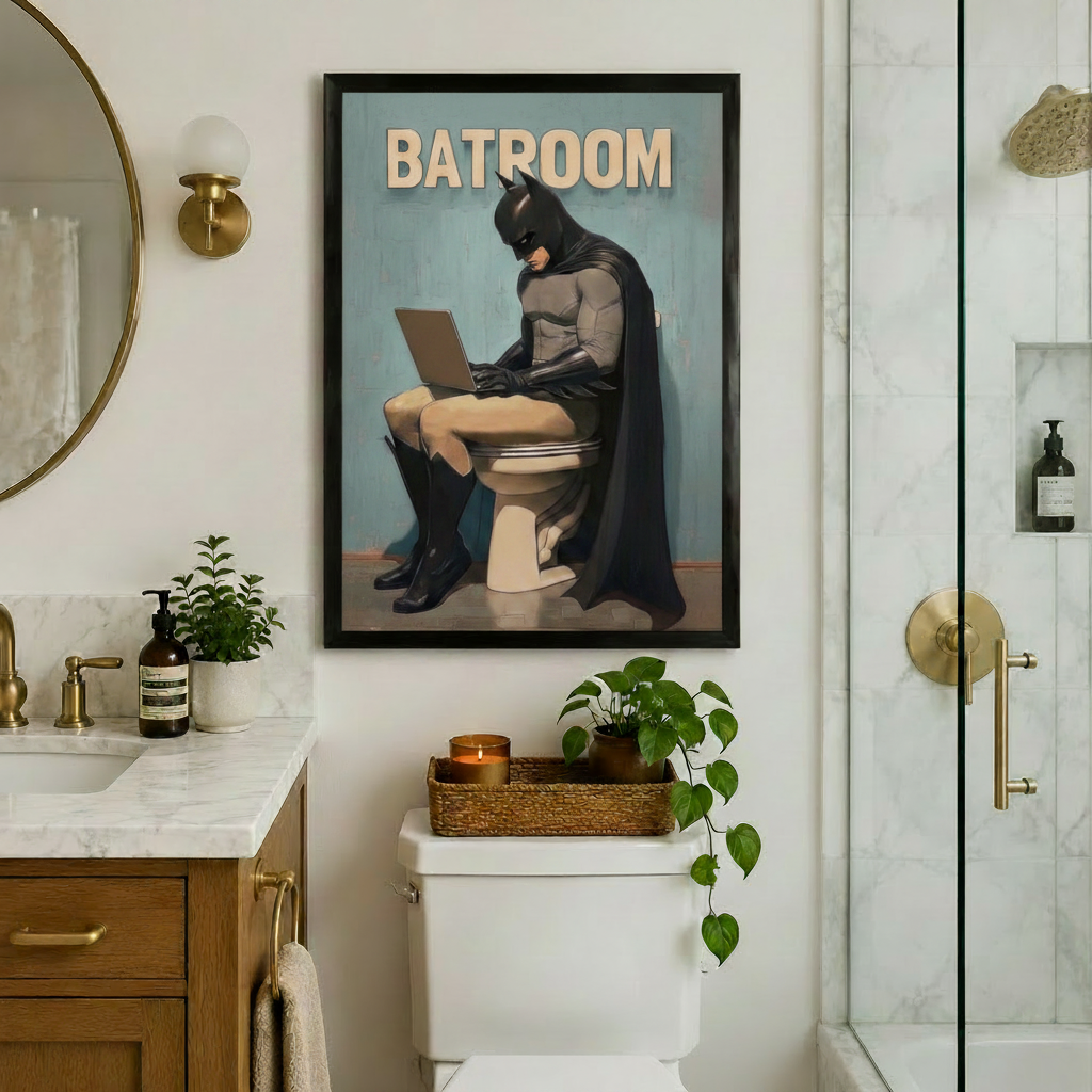 Comic Batman Batroom framed poster on a white marble bathroom wall beside a round mirror with gold sconce, above a toilet with candle tray and trailing green plant next to a glass shower