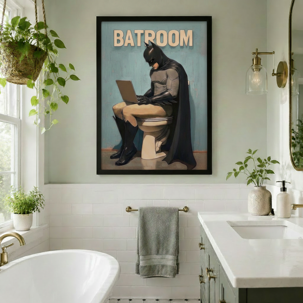 Funny Batman Batroom canvas wall art in black frame on a white subway tile bathroom wall above a gray towel bar with a freestanding bathtub, hanging potted plants, gold fixtures, and double vanity