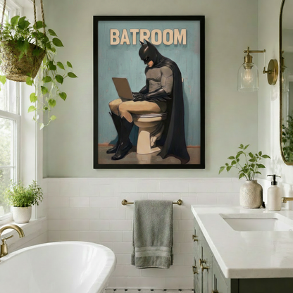 Funny Batman Batroom canvas wall art in black frame on a white subway tile bathroom wall above a gray towel bar with a freestanding bathtub, hanging potted plants, gold fixtures, and double vanity