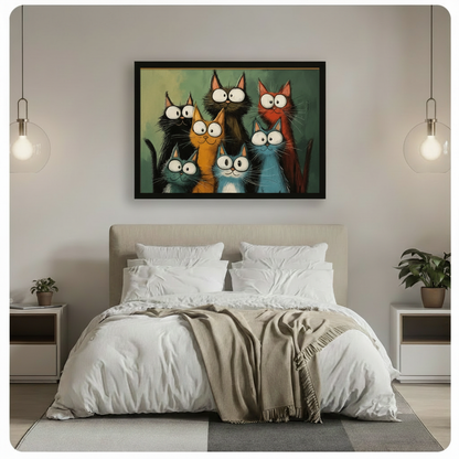 Black framed whimsical big-eyed colorful cartoon cats group portrait horizontal wall art centered above bed as playful statement decor in minimalist bedroom