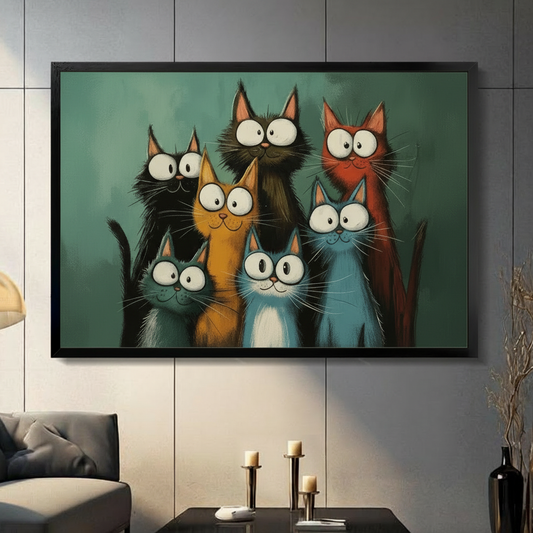Funny colorful big-eyed cartoon cats group portrait art print in black frame mounted on grey panel wall above console in modern living room
