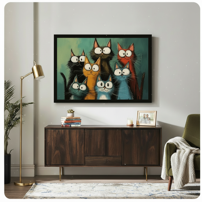 Black framed funny six colorful big-eyed cartoon cats group painting above dark wood sideboard with gold floor lamp in eclectic living room