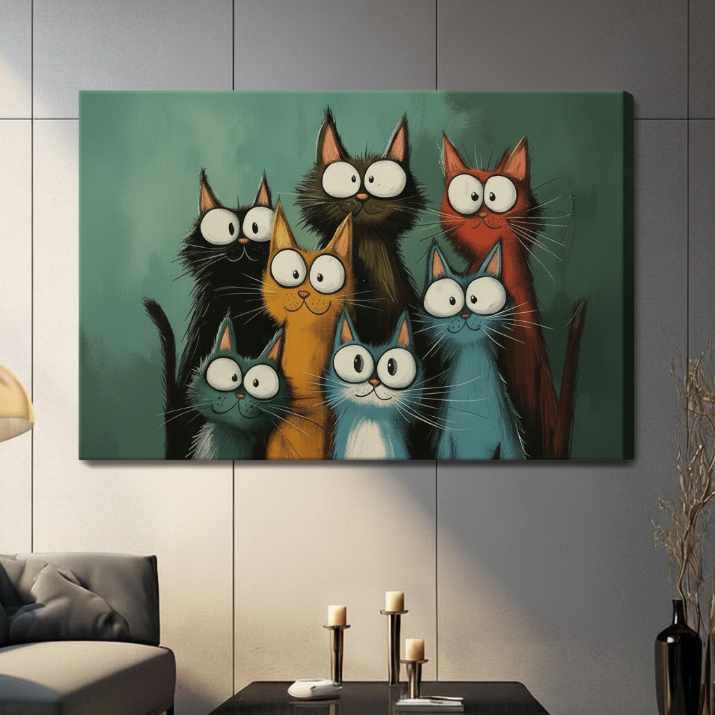 Gallery wrapped canvas of six whimsical big-eyed colorful cartoon cats group painting displayed on grey panel wall in bright modern living room