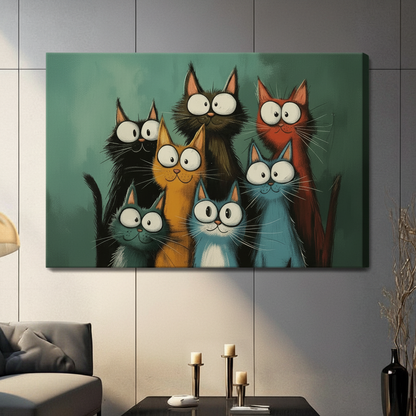 Gallery wrapped canvas of six whimsical big-eyed colorful cartoon cats group painting displayed on grey panel wall in bright modern living room
