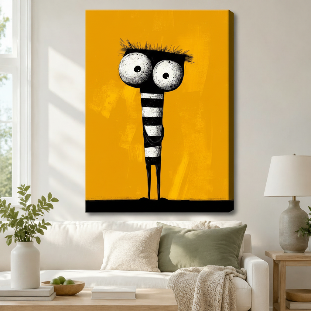 Gallery wrap canvas art featuring a tall funny cartoon monster with giant round eyes, wild brow hair, and black-and-white striped body against a vibrant yellow background, hung above a white sofa in a modern living room