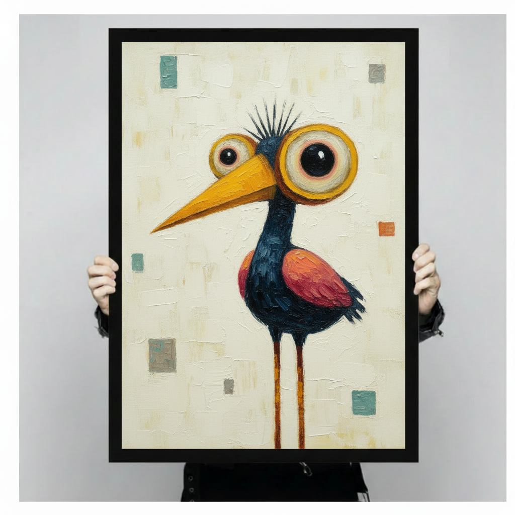 Close-up of a black framed funny bird wall art print with oversized eyes and orange beak, held by two hands showing artwork detail