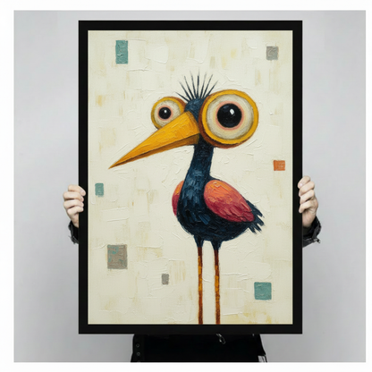 Close-up of a black framed funny bird wall art print with oversized eyes and orange beak, held by two hands showing artwork detail