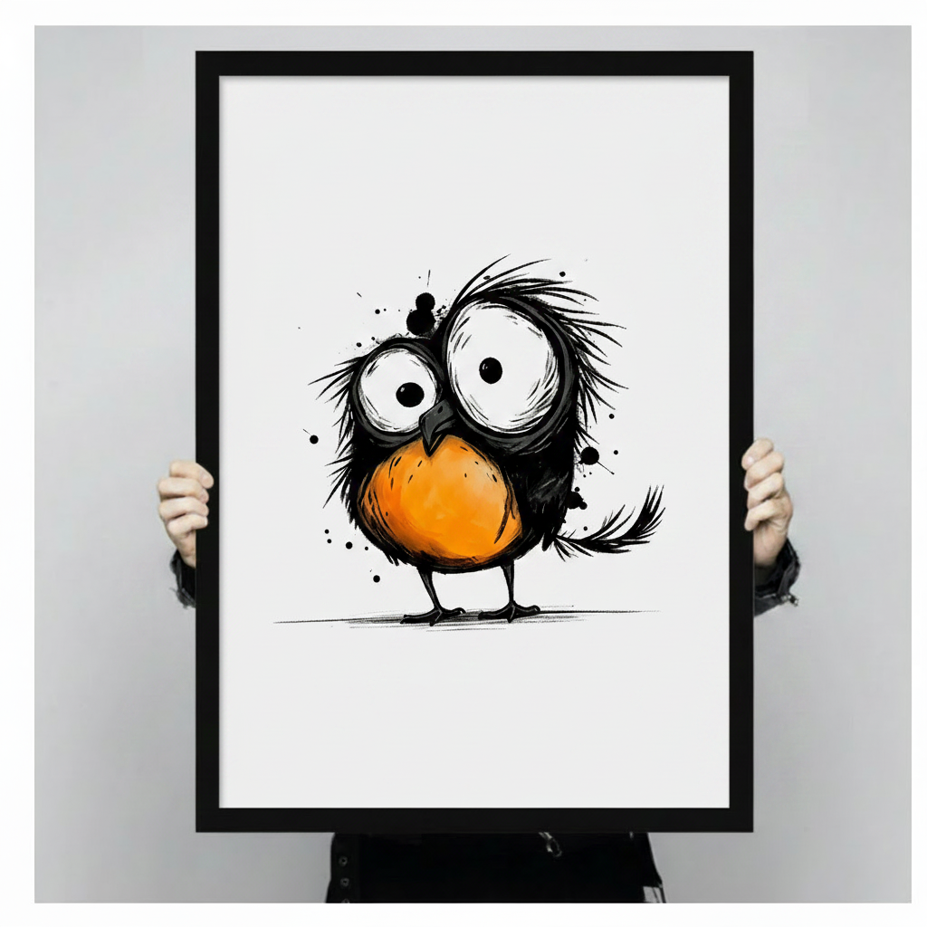 Close-up hand-held product shot of a framed funny bird wall art print featuring a fluffy black bird with oversized eyes and orange breast, bold ink splatter accents on a white background