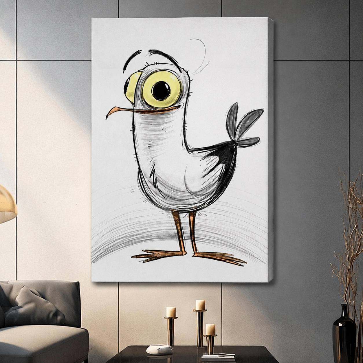 Funny cartoon bird canvas print without frame in contemporary living room, charcoal sketch illustration wall decor