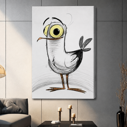 Funny cartoon bird canvas print without frame in contemporary living room, charcoal sketch illustration wall decor