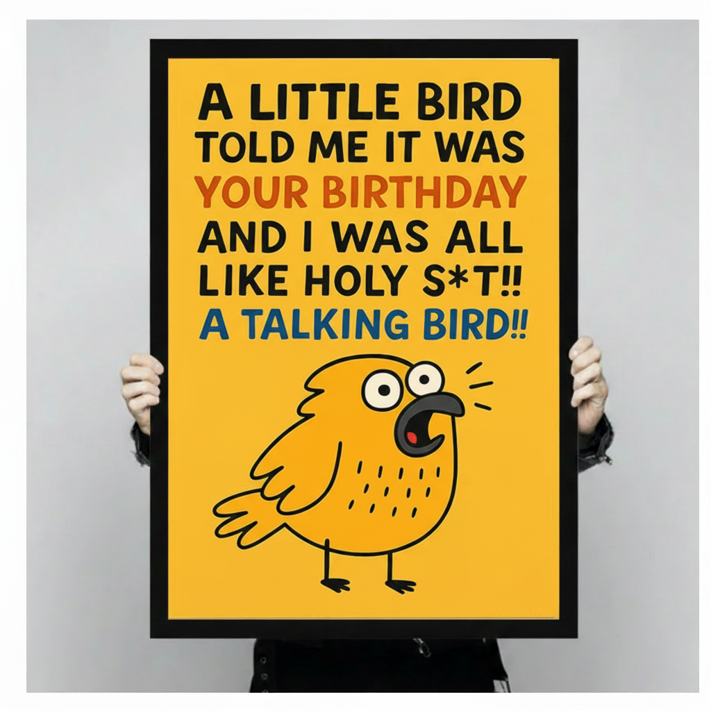 Person holding large funny birthday quote canvas art with cartoon bird, showing print size and black frame detail for gifting