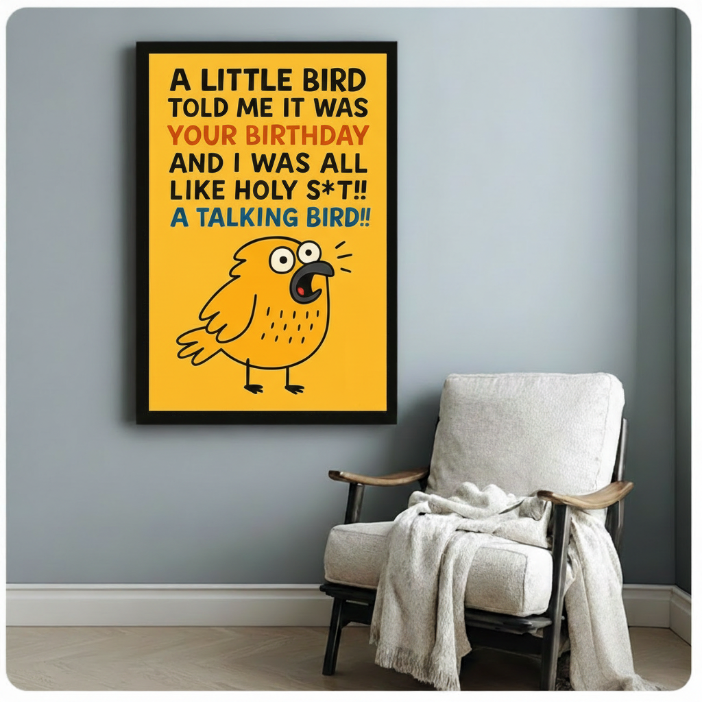 Funny talking bird birthday wall art in black frame above cozy reading chair, perfect humor gift canvas print for home office or den