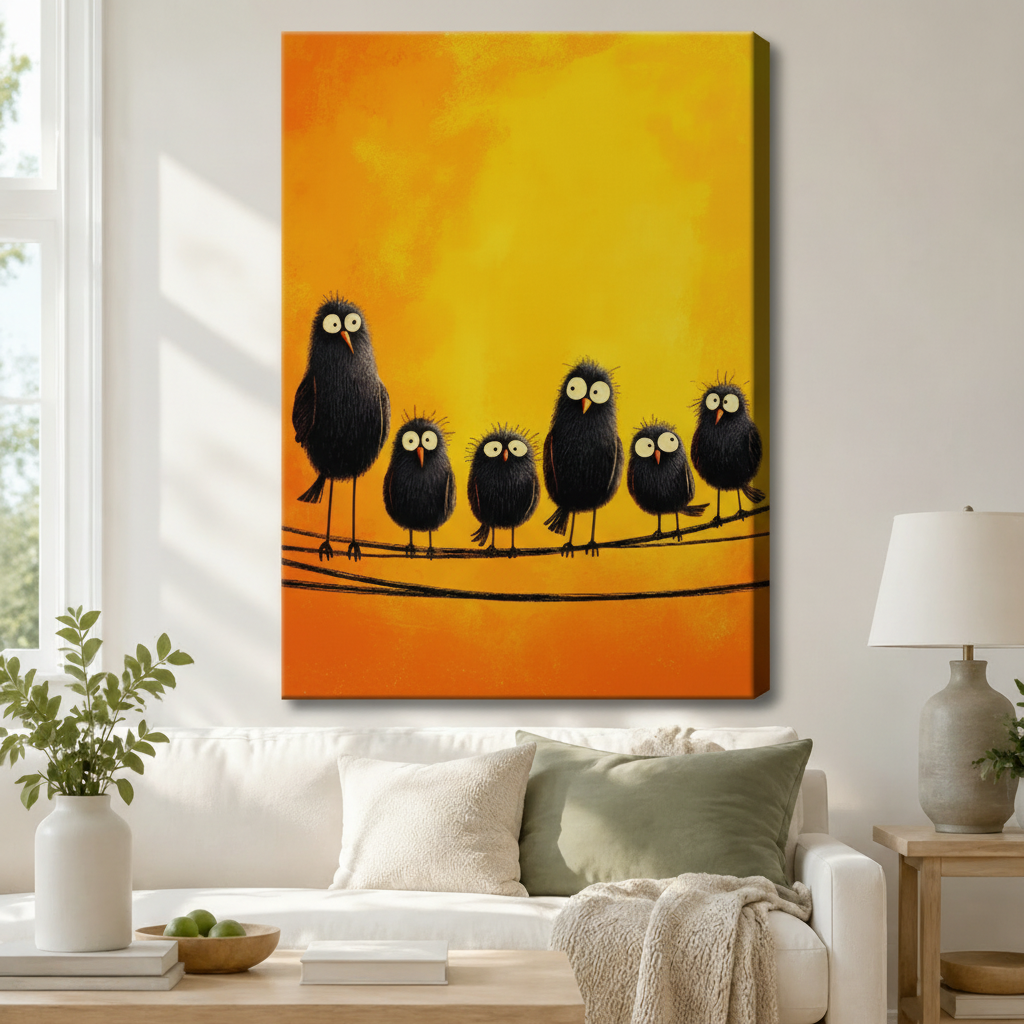 Stretched canvas funny black birds on a wire wall art featuring five shaggy wide-eyed black birds of different sizes huddled together on a wire against a glowing warm amber and golden yellow oil-painted background, hung above a white sofa with sage green pillows in a bright living room