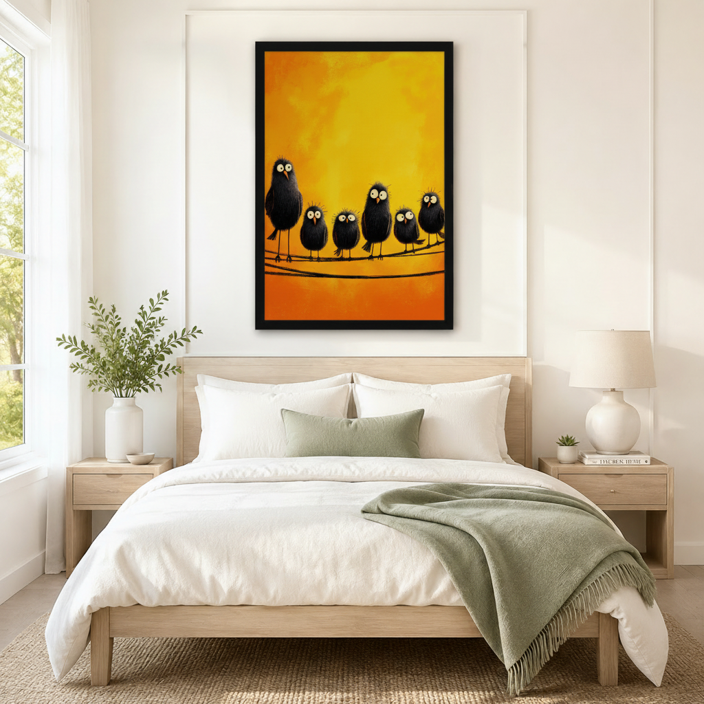 Black framed funny black birds on a wire canvas art with five fluffy shaggy black birds with wide cartoon eyes in varying sizes perched together on a thin wire against a glowing amber and golden yellow painterly background, hung above a light wood bed with white linen bedding and a sage green throw in a serene Scandinavian bedroom
