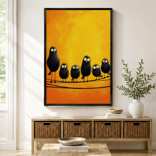Black framed funny black birds on a wire canvas art with five fluffy scruffy black birds with oversized googly eyes perched on a thin wire in varying sizes against a vibrant amber and golden yellow painterly background, displayed above a rattan storage console in a bright entryway