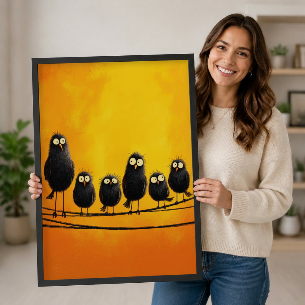 Smiling woman in a cream sweater holding a large black framed funny black birds on a wire canvas art print with five scruffy black birds with oversized googly eyes perched on a wire against a vibrant warm amber and golden yellow background