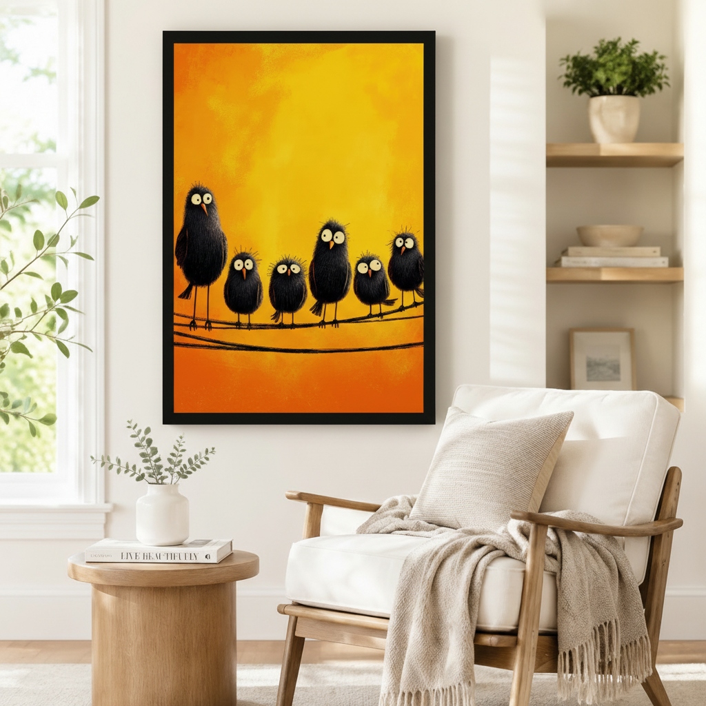 Black framed funny black birds on a wire canvas art showing five quirky fluffy black birds with spiky feathers and cartoon googly eyes lined up on a wire against a warm glowing amber and yellow painterly background, displayed beside a white linen armchair in a cozy reading nook