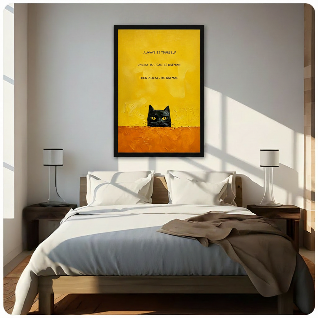 Black framed humorous black cat peeking over orange ledge canvas art with always be batman quote on a vibrant yellow background, hung above a wooden bed frame in a sun-drenched minimalist bedroom with crisp white linen bedding and matching cylindrical nightstand lamps