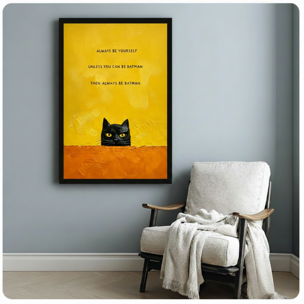 Black framed whimsical black cat peeking canvas art with a cheeky always be batman quote in bold lettering on a sunny yellow and orange textured background, displayed on a blue-gray wall beside a white linen armchair draped with a cream throw blanket