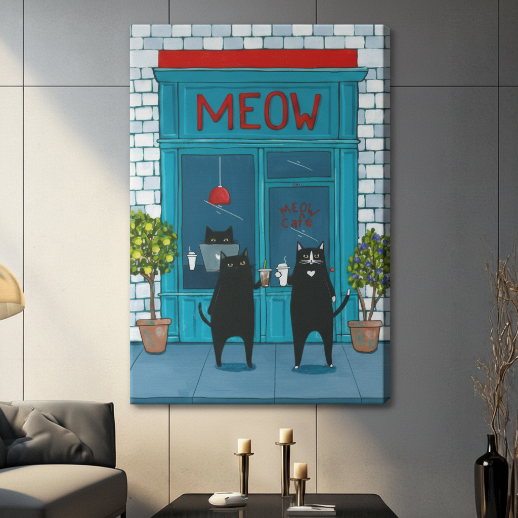 Unframed stretched canvas print of two quirky black cats in human poses holding iced coffee and a cup outside a teal brick Meow Cafe with bold red lettering and lemon and lavender potted topiaries in fun illustration style