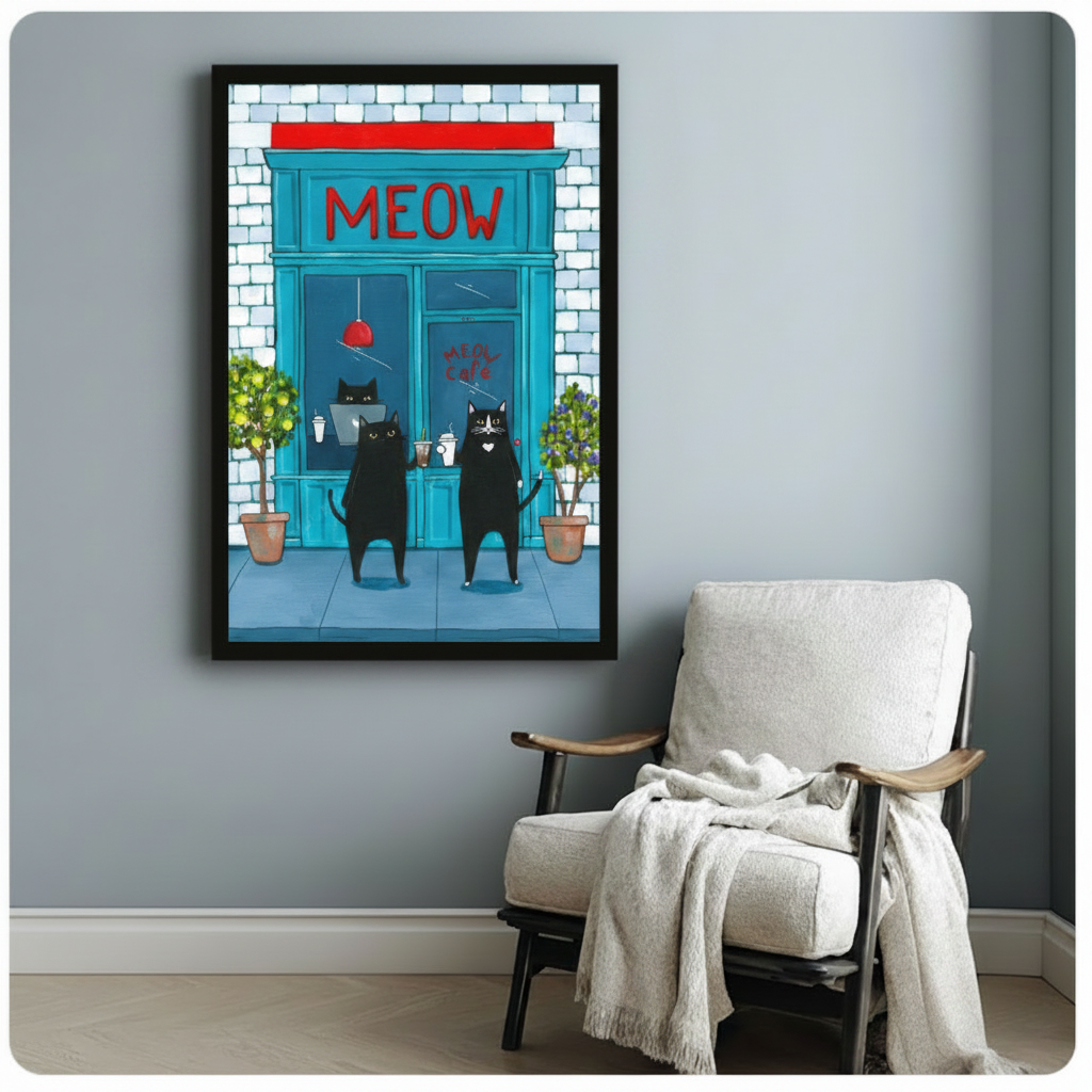 Black framed funny black cat Meow Cafe canvas art print with two upright cats holding coffee drinks outside a teal storefront with red MEOW sign and green potted plants on a blue-grey wall beside a white linen armchair with draped throw