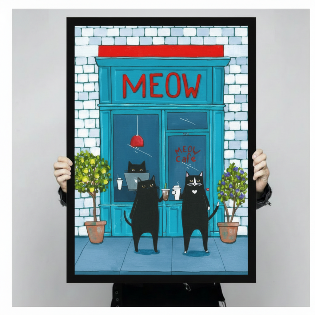 Person holding a large black framed funny black cat Meow Cafe canvas art print showing print size scale with two standing black cats holding coffee cups outside a teal blue brick cafe storefront with bold red MEOW signage