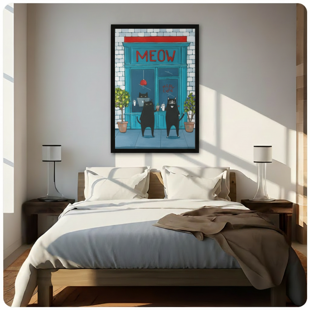 Framed funny illustration of two black cats standing outside a teal Meow Cafe holding coffee with red storefront signage and green topiaries canvas wall art hung above a dark walnut bed with white bedding in a sunlit modern bedroom