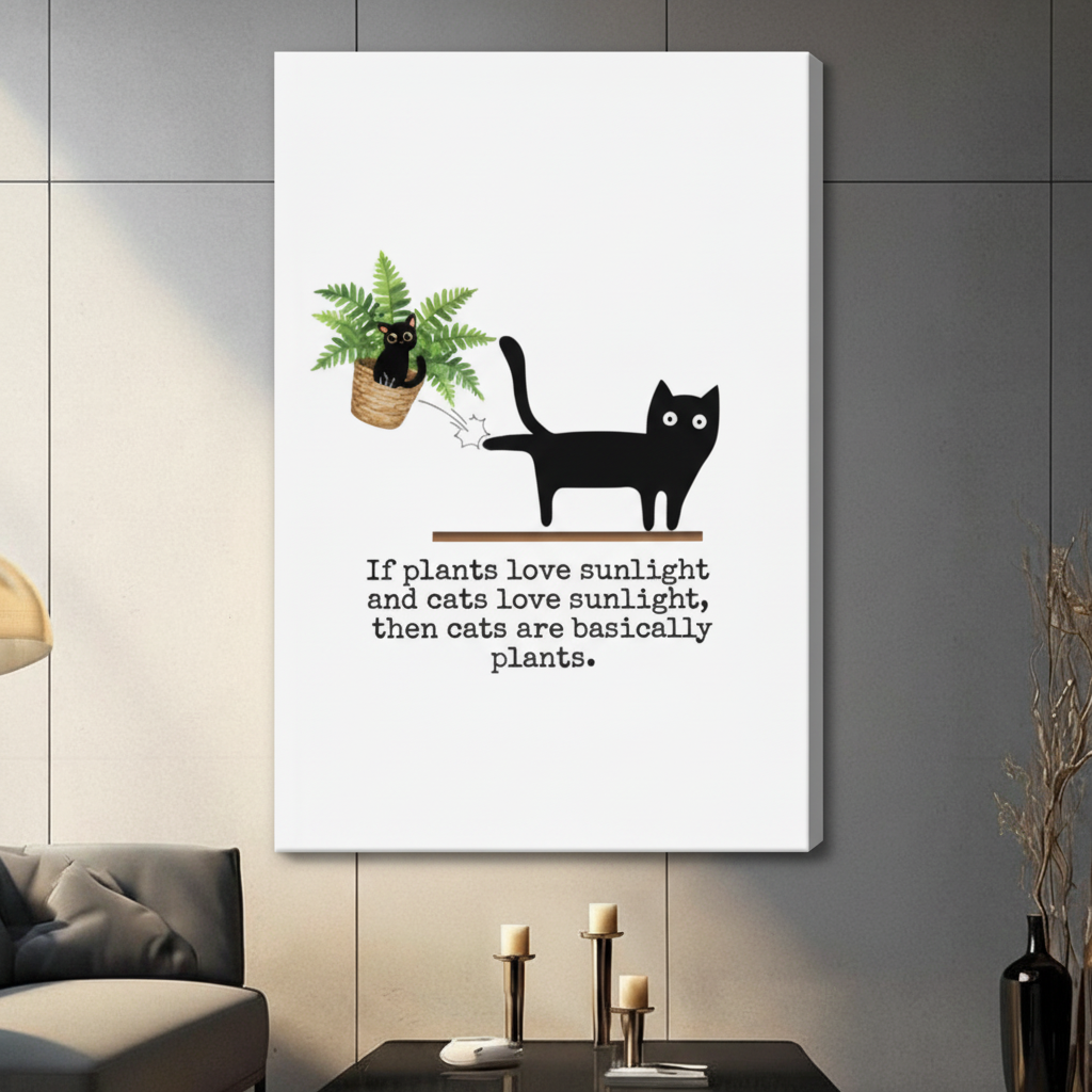 Stretched canvas funny black cat knocking fern off shelf with cats are basically plants quote wall art featuring a bold flat black cartoon cat on a wooden shelf nudging a wicker potted fern sideways with a witty typewriter-font quote If plants love sunlight and cats love sunlight then cats are basically plants on a clean white background, hung on a dark gray tiled wall above a gray sofa
