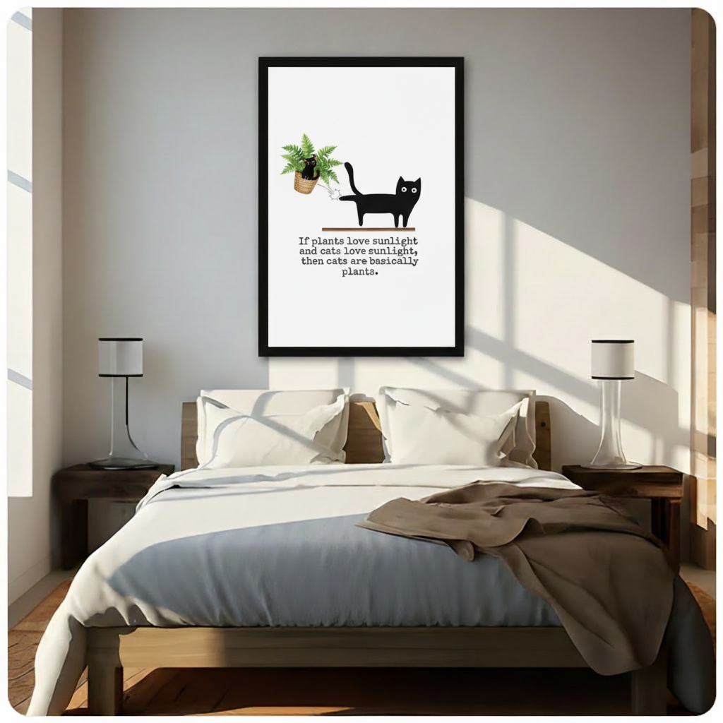 Black framed funny black cat knocking fern off shelf with cats are basically plants quote canvas art with a bold flat black cartoon cat on a wooden shelf beside a tipped wicker potted fern and a humorous typewriter-font quote on a clean white background, hung above a dark wood bed with white linen bedding in a sunlit bedroom