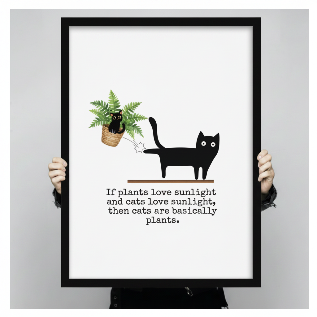 Hands holding a large black framed funny black cat knocking fern off shelf with cats are basically plants quote canvas art print with a bold flat black cartoon cat on a wooden shelf nudging a wicker potted fern with a witty typewriter-font humorous quote on a clean white background