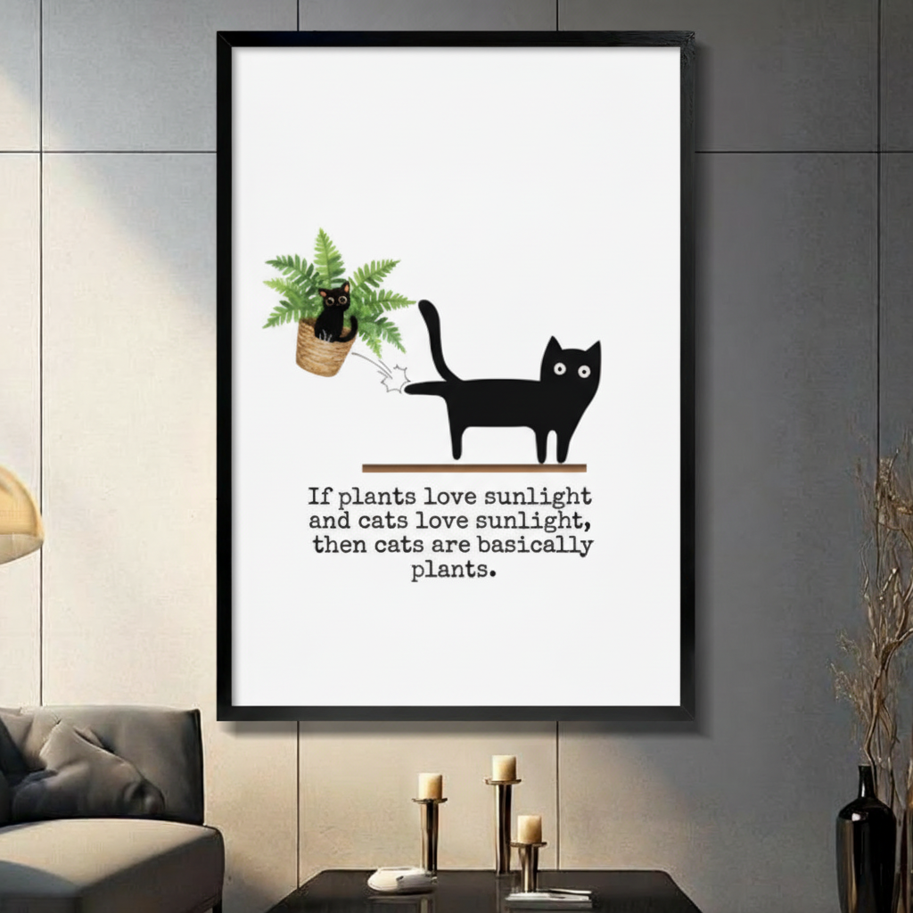 Black framed funny black cat knocking fern off shelf with cats are basically plants quote canvas art with a bold black cartoon cat standing on a wooden shelf beside a wicker potted fern it just knocked sideways with a humorous typewriter-font quote below on a clean white background, hung on a dark gray tiled wall above a gray sofa
