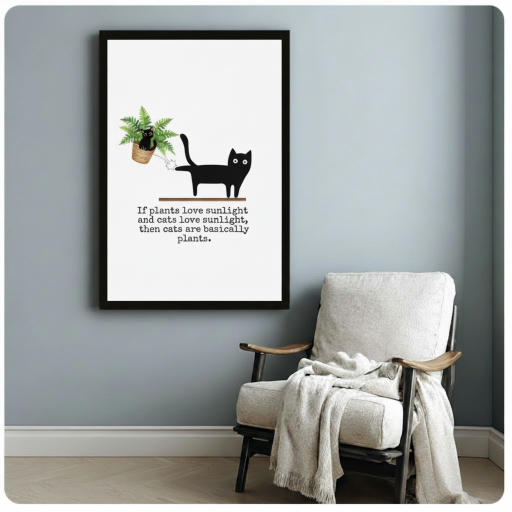 Black framed funny black cat knocking fern off shelf with cats are basically plants quote canvas art showing a bold flat black cartoon cat on a wooden shelf beside a tipped wicker potted fern with a humorous typewriter-font quote on a clean white background, displayed beside a white linen wood-frame armchair with a cream throw