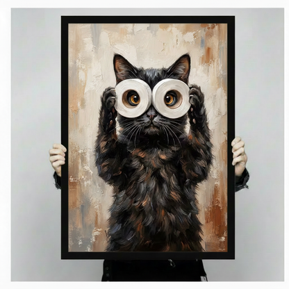 Person holding black framed funny black cat oil painting with toilet paper rolls over eyes showing print size and frame quality