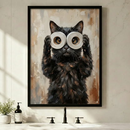 Funny black cat holding toilet paper rolls over eyes oil painting in black frame displayed above bathroom sink vanity