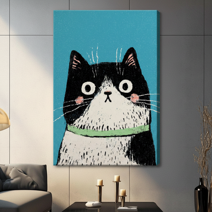 Frameless whimsical black and white cat canvas print on grey panel wall – crayon style big-eyed cat portrait with teal background