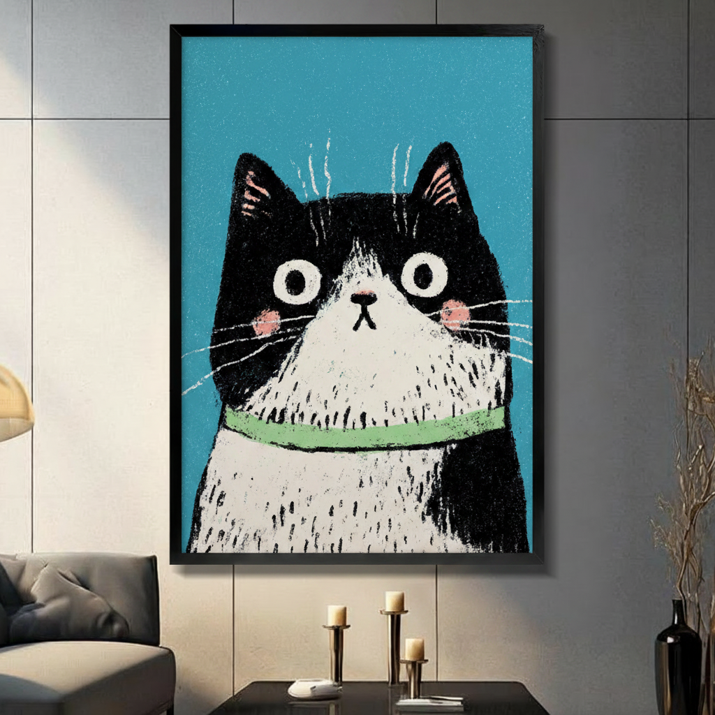 Funny black and white cat cartoon canvas wall art in black frame on dark grey wall – bold teal background big-eyed cat with green collar print