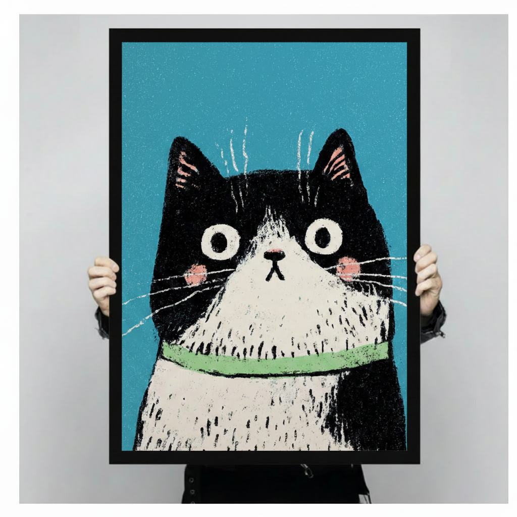 Person holding framed funny black and white cat canvas wall art – crayon illustration big-eyed cat with green collar size reference